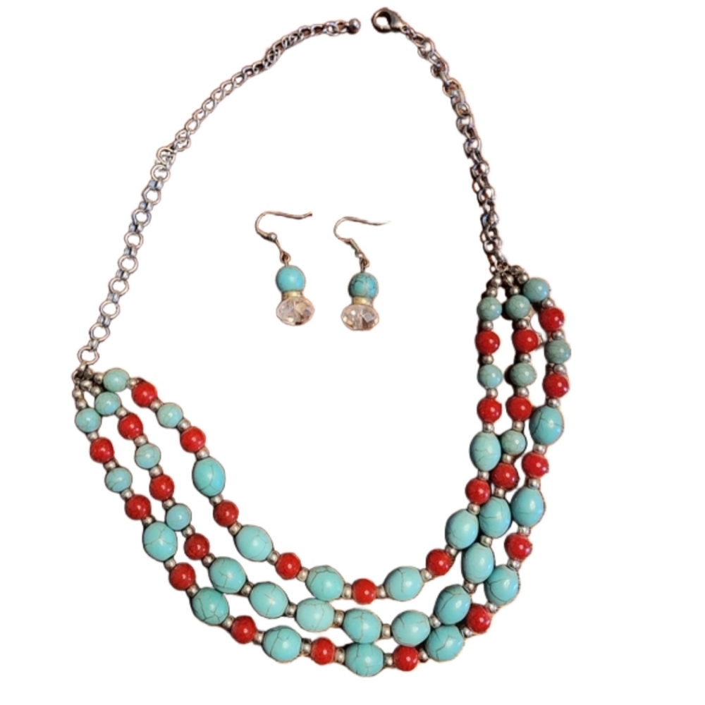 VINTAGE Faux Turquoise and Red Beaded Multi-Strand Necklace & Matching Earrings